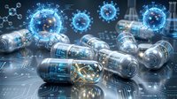 Futuristic medical capsules with digital holographic interfaces and glowing blue data visualization elements on dark technological background.
