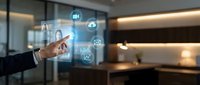 Businessman hand touching digital interface with communication icons in modern office environment for technology and connectivity concepts.