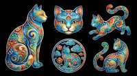 Ornate decorative cats with colorful swirl patterns, isolated on transparent background. Great for stickers, t-shirt design, print on demand, clipart, and sublimation projects.