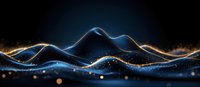 Glowing blue waves with golden particles flow across dark background creating abstract digital landscape with luminous motion and sparkles.