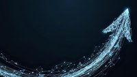 Digital network arrow pointing upward with glowing blue connections and data flow lines on dark background for business growth and technology concepts.