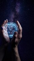 Hands holding glowing digital globe with network connections against starry night sky background for technology and global communication concepts.