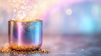 Magical glowing pot with sparkling golden dust and mystical rainbow lights against dreamy bokeh background, creating enchanting festive atmosphere.