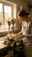 Woman florist arranging cream roses and baby's breath bouquet at wooden table by sunlit window in warm studio with dried flowers and ceramic vessels.