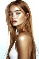 Young Caucasian woman with glowing natural makeup, long straight honey blonde hair, and bright blue eyes wearing white tank top against light background. Dewy skin beauty portrait.