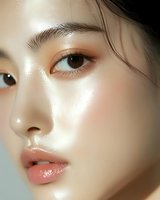 Close-up portrait highlighting natural glowing skin, soft peachy makeup, and glossy coral lips against neutral background. Ideal for beauty and cosmetic advertising.