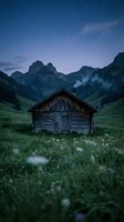 Rustic wooden cabin nestled in alpine meadow under starlit night sky with dramatic mountain peaks, misty valleys, and wildflowers. Ideal for travel, nature, and landscape design projects.