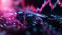 Cryptocurrency coin on circuit board with trading chart background in neon pink and blue colors, macro shot showing digital finance technology.