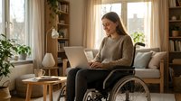 Young woman with brown hair and light skin tone using laptop while sitting in wheelchair in bright living room with bookshelves, plants, and natural light for remote work and accessibility themes.