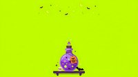 Colorful potion bottle with purple liquid and gold accents on wooden stand against bright lime green background, isolated for design use.