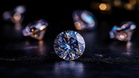 Brilliant cut diamonds scattered on dark surface with dramatic lighting highlighting facets and sparkle. Blue reflections create luxury atmosphere.