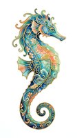 Ornate seahorse with intricate floral patterns in blue, green, and coral tones, isolated on white background for design and decorative use.
