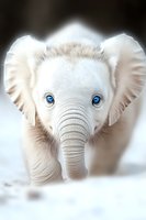 White baby elephant with striking blue eyes and soft fuzzy fur close-up portrait against blurred background. Magical fantasy wildlife art for children decor.