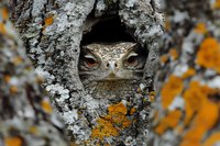 Spotted owlet peering from tree hollow cavity surrounded by gray and orange lichen-covered bark, wildlife nature photography.