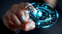 Futuristic holographic interface with human icon being touched by finger, glowing blue technology circle displaying digital information for smart systems.