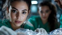 Young female medical professional in surgical scrubs looking intently at camera during operation, with colleague in background amid dramatic lighting and sterile environment.