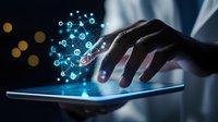 Male hand touching tablet screen with glowing blue digital network icons floating above, representing technology connectivity and digital transformation in business.