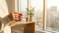 Woman holding warm cup by window in cozy home interior with soft morning light and plant decoration for relaxation and comfort lifestyle moments.
