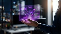 Businessman holding holographic display with purple financial charts and data analytics graphs for business intelligence and digital technology solutions.