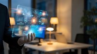 Businessman holding glowing virtual interface with risk management and policy automation icons in modern office at night.