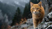 Ginger tabby cat walking on rocky mountain ledge with misty forest landscape in background, perfect for wildlife and pet photography.