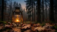 Vintage oil lantern glowing warmly among autumn leaves in misty forest at dusk, creating atmospheric outdoor camping and adventure mood for seasonal designs.