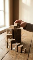Hand placing wooden block with checkmark on stacked blocks, symbolizing success, progress, and achievement in business strategy and goal completion.