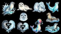 Watercolor marine mammals collection featuring seals, sea lions, dolphins, and manatees in various playful poses with splashing water effects, isolated on transparent background for t-shirt design, clipart, stickers, and print-on-demand products.