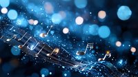 Musical notes floating on magical blue sparkles and bokeh lights against dark background, creating ethereal flowing melody path with glowing particles.