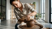 Young Asian woman artisan shaping clay pot on pottery wheel in bright modern studio workspace with natural lighting and plants in background.
