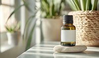Essential oil amber glass bottle on white stone with blank label, natural spa setting with woven basket and green plants, sunlight through window.