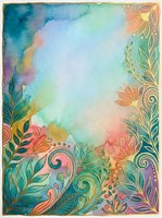 Watercolor floral border frame with ornamental leaves and swirls in vibrant teal, coral, and gold tones on soft gradient background, suitable for invitations and stationery design.