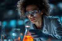 African American female scientist in lab coat and safety glasses examining glowing chemical reactions in dark laboratory environment.