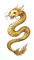 Golden dragon with scaled body, ornate details, and flowing whiskers isolated on white background. Suitable for tattoo designs, Asian art projects, and decorative applications.