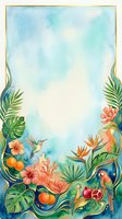 Watercolor tropical frame with hummingbird, parrots, hibiscus, monstera leaves, pomegranate and bird of paradise flowers, gold border, copy space.