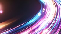 Vibrant curved light trails in pink, blue and orange create dynamic motion effect against dark background, glowing neon streaks form abstract flowing pattern.