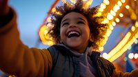 Young African American child with curly hair laughing joyfully at amusement park with colorful carnival lights in background during evening.