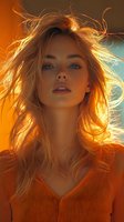 Young Caucasian woman with windswept blonde hair in orange sweater illuminated by warm sunset light, looking upward with natural makeup and serene expression.