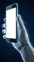 Futuristic polygonal hand holding smartphone with blank white screen on dark blue background with glowing particles and digital effects.