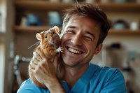 Happy young Caucasian man in blue shirt holding adorable orange tabby kitten at home, smiling warmly while bonding with pet in cozy living room setting.