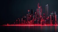 Futuristic cityscape with glowing red neon skyscrapers reflecting on water surface against dark background, modern urban skyline with illuminated buildings.