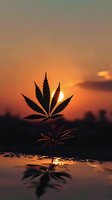 Cannabis leaf silhouette against dramatic orange sunset sky with reflection in water, creating atmospheric nature composition for wellness and alternative medicine concepts.