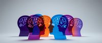 Colorful human head silhouettes with glowing brain networks representing diverse thinking, mental health awareness, psychology concepts and teamwork.