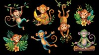 Cute cartoon monkeys set isolated on transparent background, ready for stickers, t-shirt design, and print on demand. Tropical jungle clipart collection.