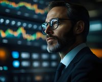 Middle-aged Caucasian businessman with glasses and beard looking at financial charts in dark office environment. Dramatic lighting highlights professional trader profile.