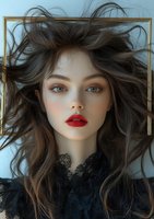 Young Asian woman with flowing dark hair wearing black lace, bright red lipstick and natural makeup in dramatic portrait against light background with gold frame accent.