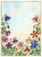 Watercolor floral border with colorful columbine flowers in pink, purple, blue, red and yellow on soft pastel background with copy space.