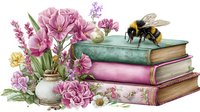 Vintage books stacked with pink carnations in ceramic vase and bumblebee, watercolor style composition featuring antique literature and floral arrangement.