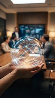 Hand holding glowing digital globe with network connections in modern business meeting room with professionals discussing global connectivity solutions.
