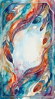Watercolor feathers frame with tribal patterns in vibrant colors creating decorative border for bohemian design projects and spiritual artwork.